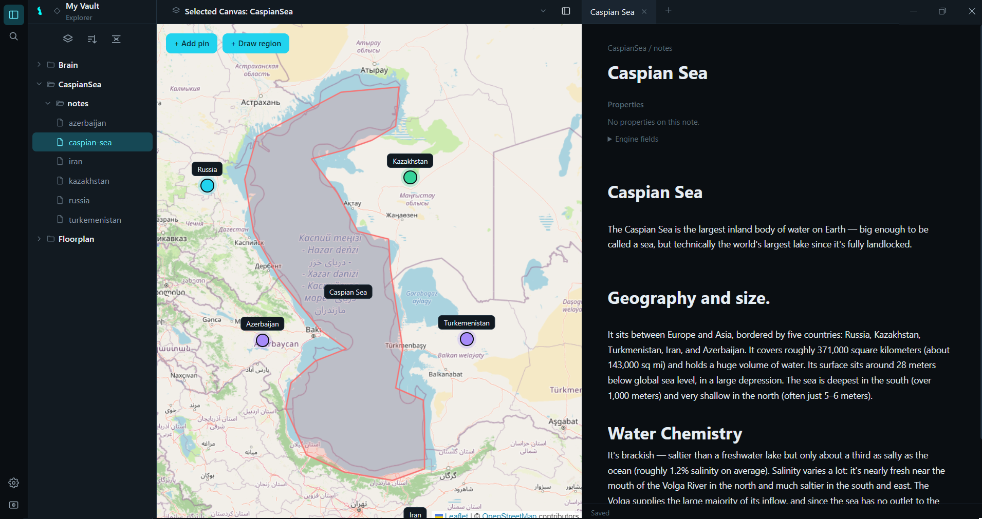 Notes pinned to the Caspian Sea on an interactive map